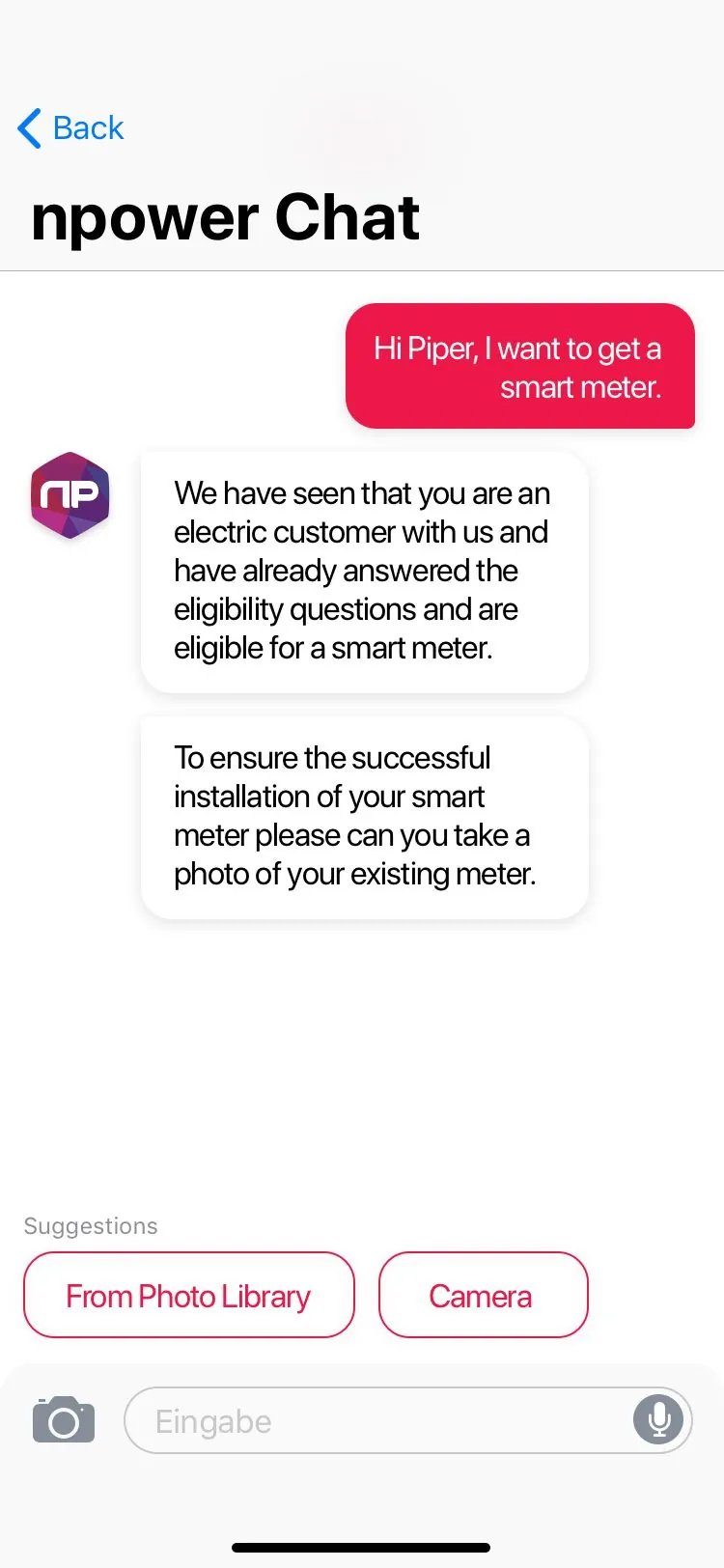 Piper asks for a photo of the existing meter