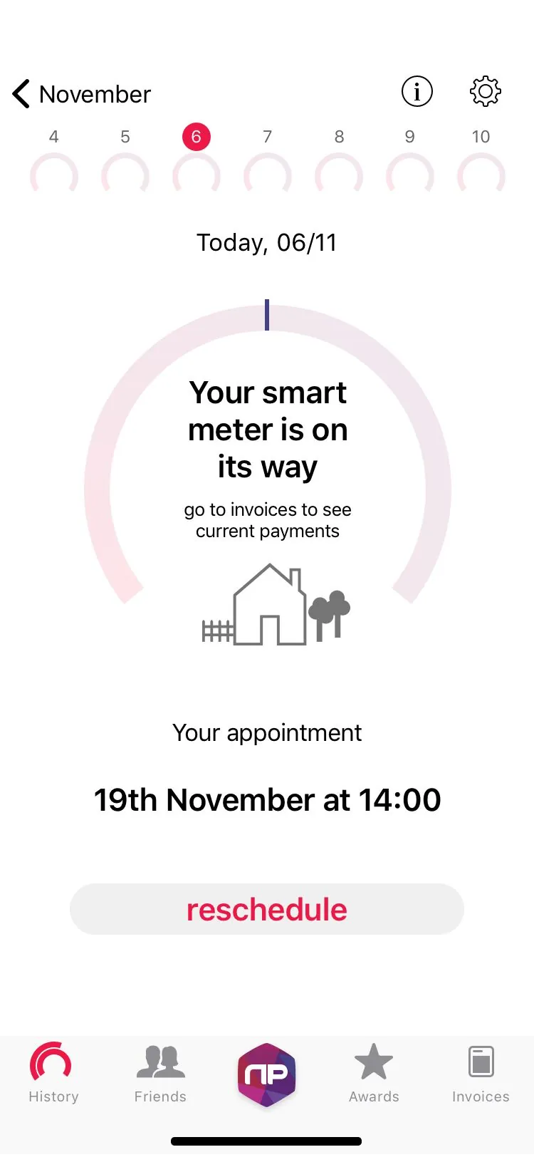 Home screen showing the smart meter is on its way with a reschedule option