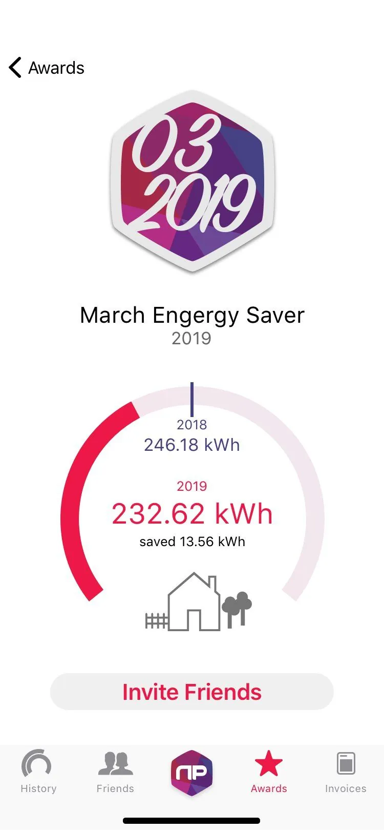 March Energy Saver award comparing 2018 and 2019 usage, 13.56 kWh saved