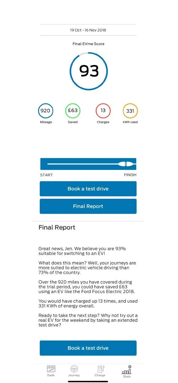 Final EVme score of 93 with plain language report and test drive booking