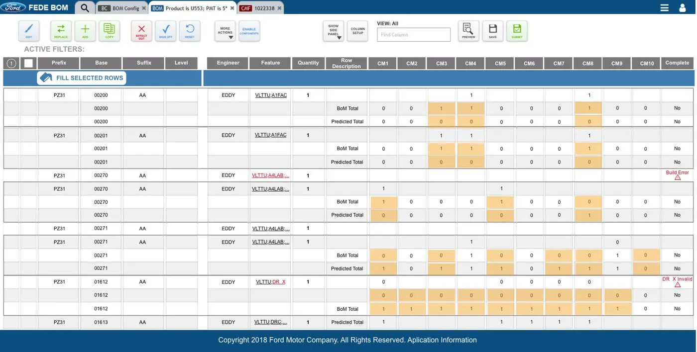 Early FEDE BOM iteration, ten control model columns with discrepancies highlighted