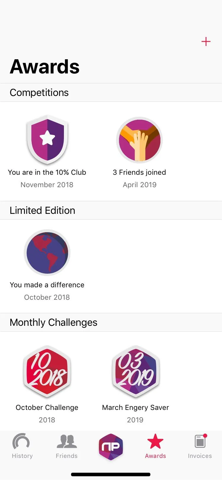 Awards screen with competitions, limited edition and monthly challenges
