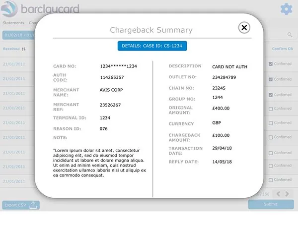 Chargeback summary modal with card, merchant and amount detail