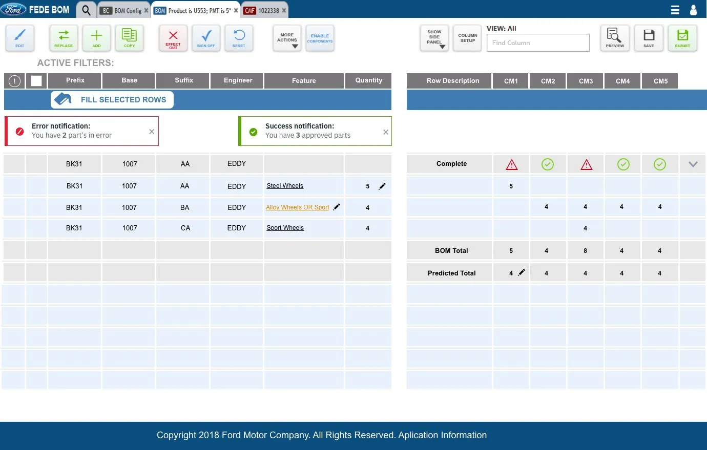 Final FEDE BOM screen, five control models with error and success notifications
