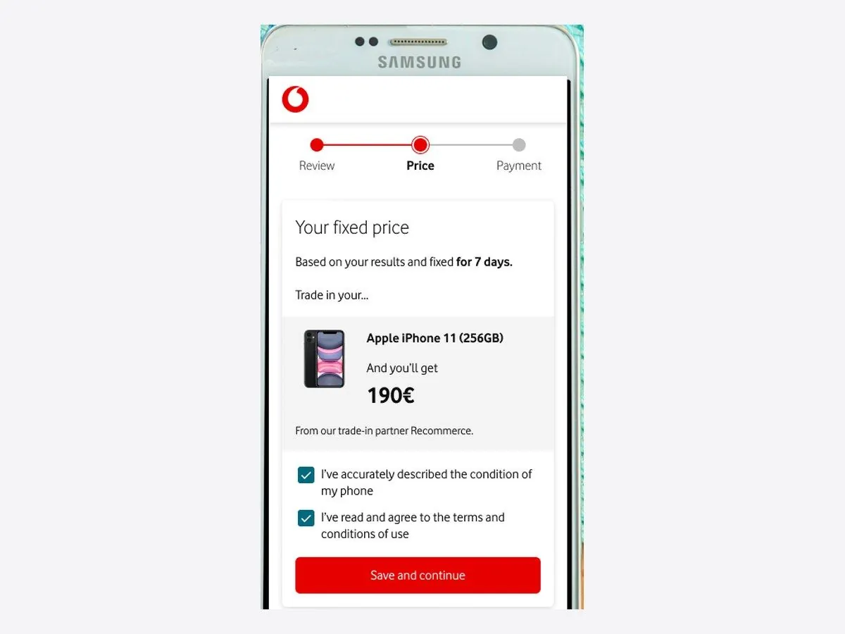 Vodafone mobile trade-in quote screen