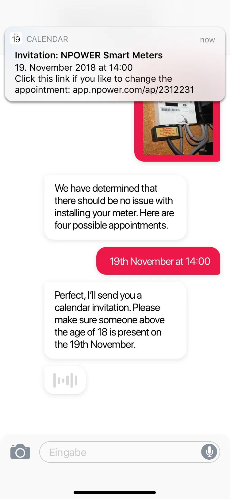 Calendar invitation sent with a link to change the appointment
