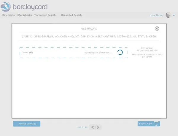 Evidence file upload modal showing case ID, voucher amount and merchant reference